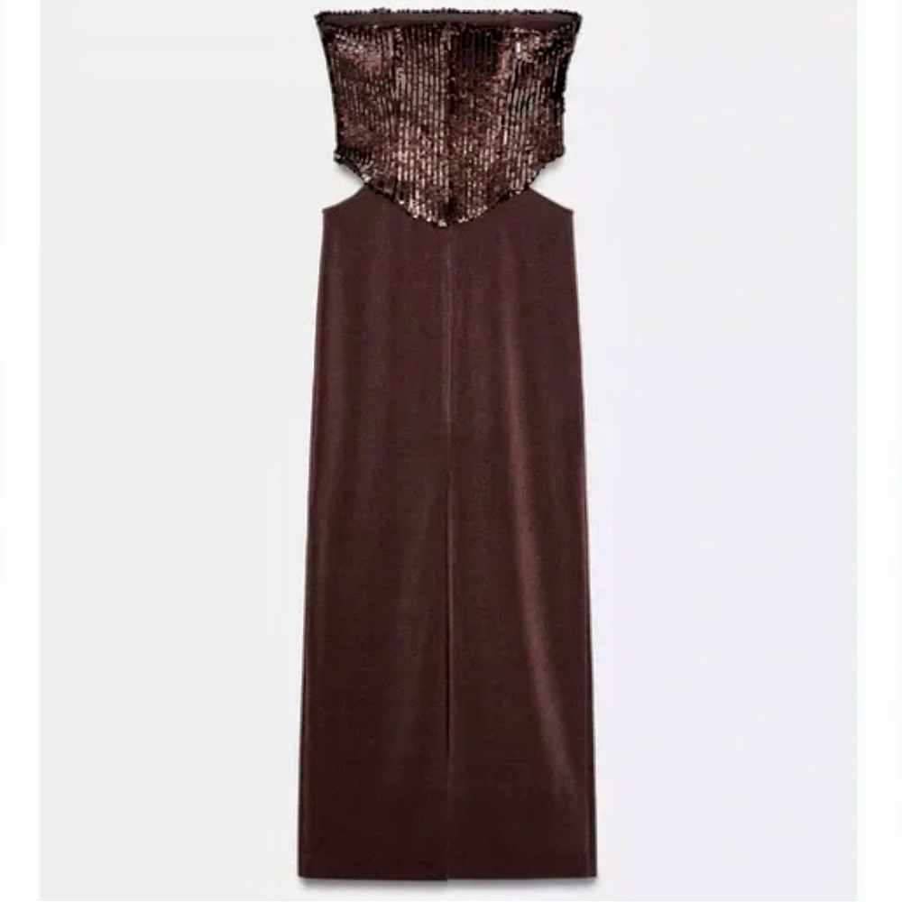 Zara sequin embellished brown Strapless cut out modern fit midi Dress size small - Picture 16 of 16
